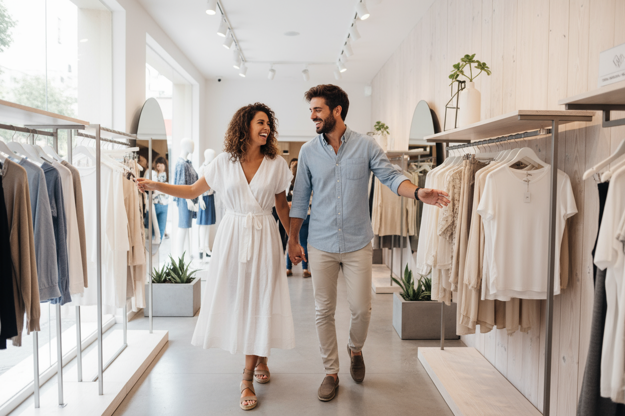 foto de pareja joven uruguaya feliz en una tienda de moda moderan