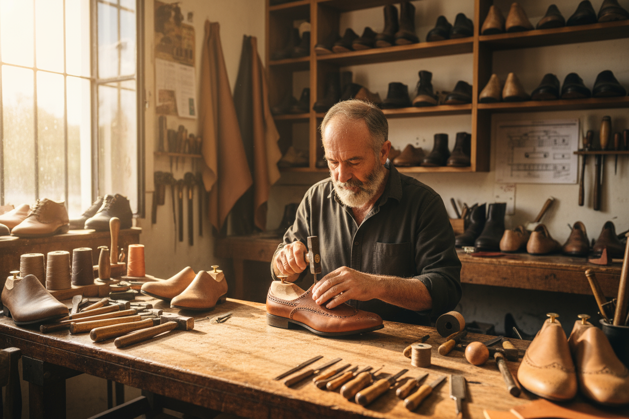 foto de un artesano haciedno calzado, que la foto sea realista y el aretsano se aun hombre de 60 años uruguayo